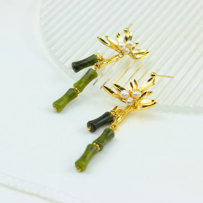 Perlenohrring mit Jade-Bambusdesign – 14K vergoldet, 925 Silberstift, elegante handgefertigte Ohrringe für Frauen, hypoallergen und stilvoll