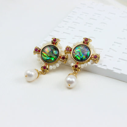 Vintage Abalone Perlenohrringe mit bunten Edelsteinen – 14K vergoldet, Extravagantes Design für Tanz & Feste