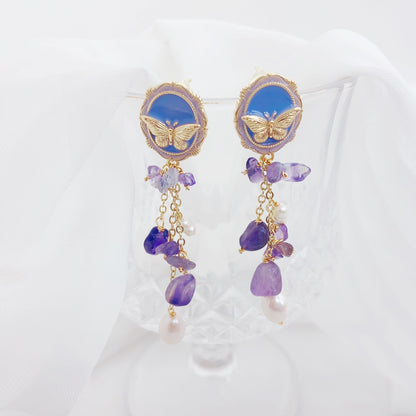 Amethyst Perlenohrringe im Schmetterlingsdesign – 14K Vergoldet, Feine Kristalle & Süßwasserperlen, Eleganter Schmuck für Bälle und Anlässe