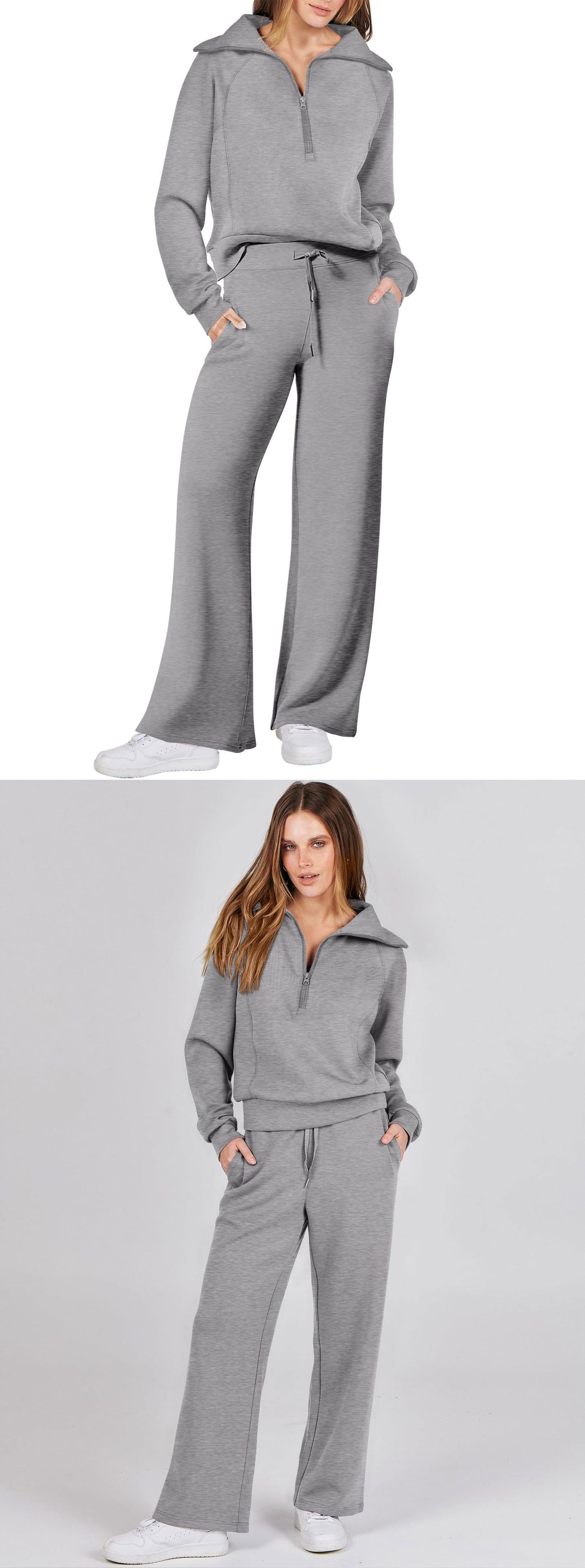 Autumn/Winter Casual Sports Set – Zip-Up Long Sleeve Sweatshirt and Wide-Leg Pants Two-Piece