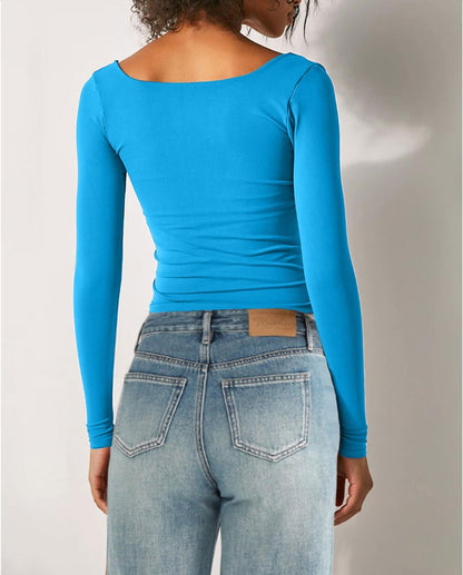 Women's Long-Sleeve Solid Color Slim Fit Square Neck T-Shirt Top