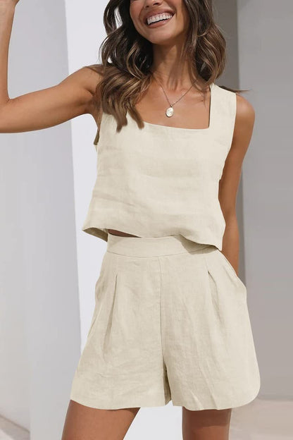 Women’s 2-Piece Casual Set – Linen Shorts and Sleeveless Tank Top