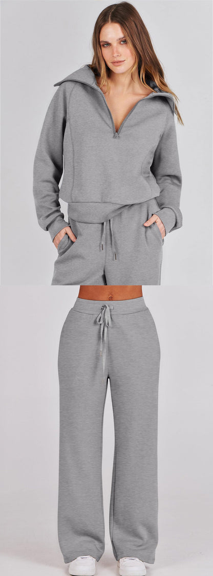 Autumn/Winter Casual Sports Set – Zip-Up Long Sleeve Sweatshirt and Wide-Leg Pants Two-Piece