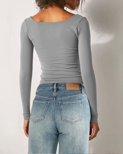 Women's Long-Sleeve Solid Color Slim Fit Square Neck T-Shirt Top