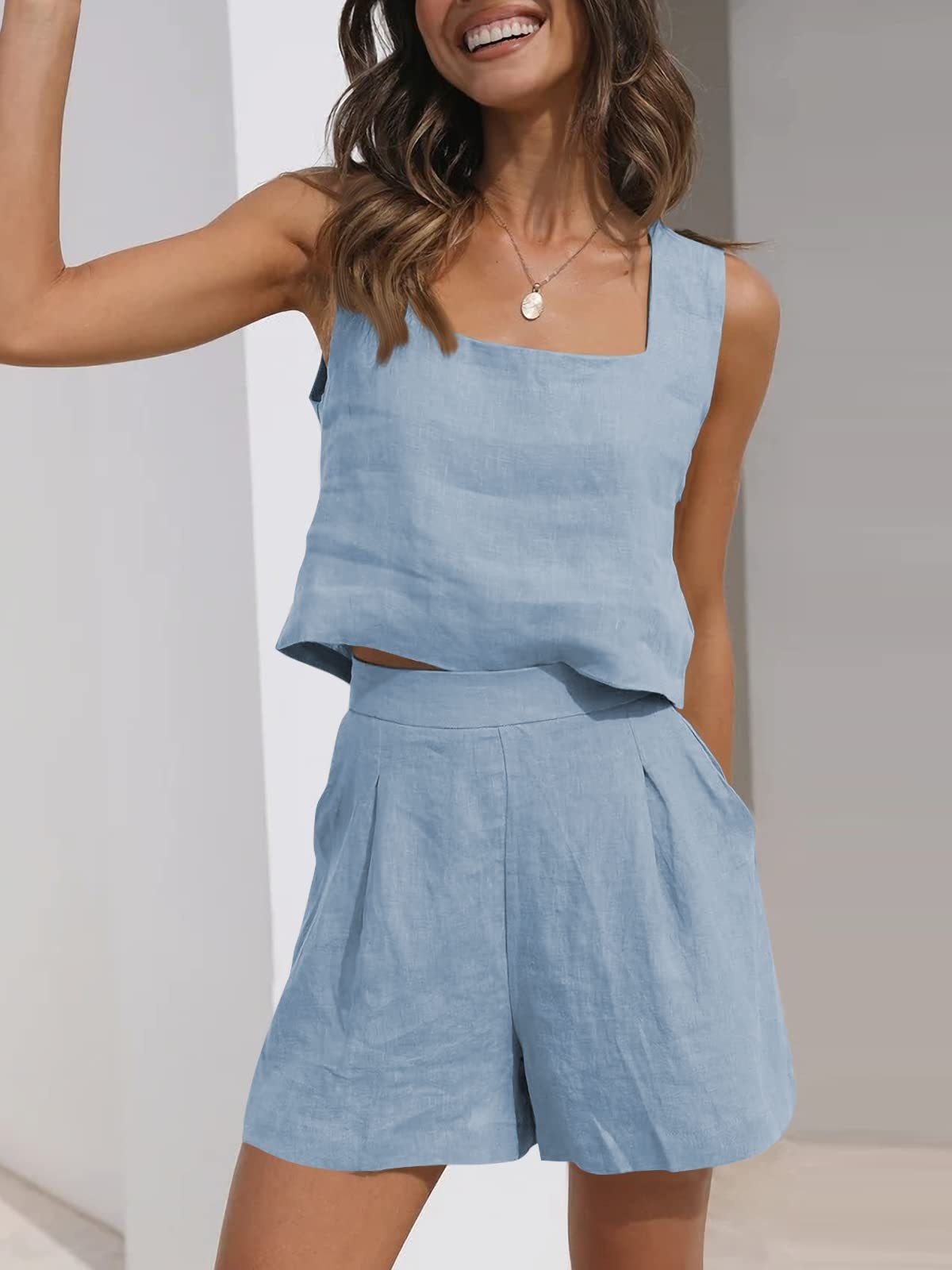 Women’s 2-Piece Casual Set – Linen Shorts and Sleeveless Tank Top