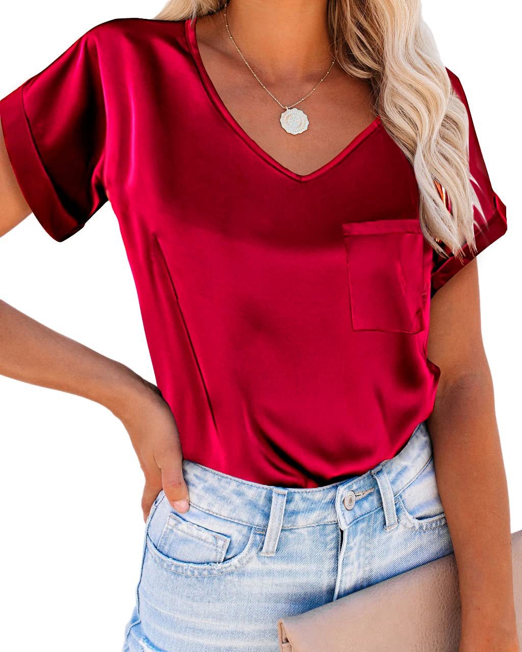 WXTX1k01100Women’s Summer Satin V-Neck Pocket T-Shirt with Rolled-Up Short Sleeves, Loose-Fitting Casual Top