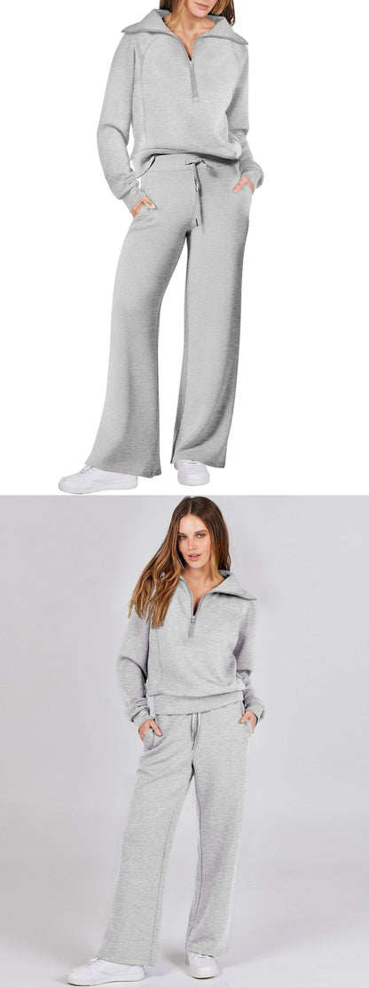 Autumn/Winter Casual Sports Set – Zip-Up Long Sleeve Sweatshirt and Wide-Leg Pants Two-Piece