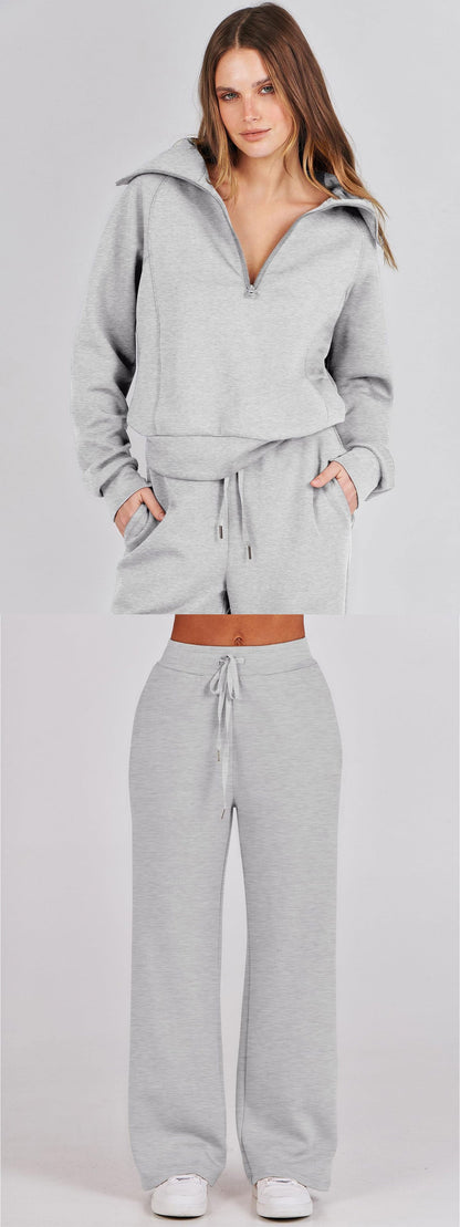 Autumn/Winter Casual Sports Set – Zip-Up Long Sleeve Sweatshirt and Wide-Leg Pants Two-Piece