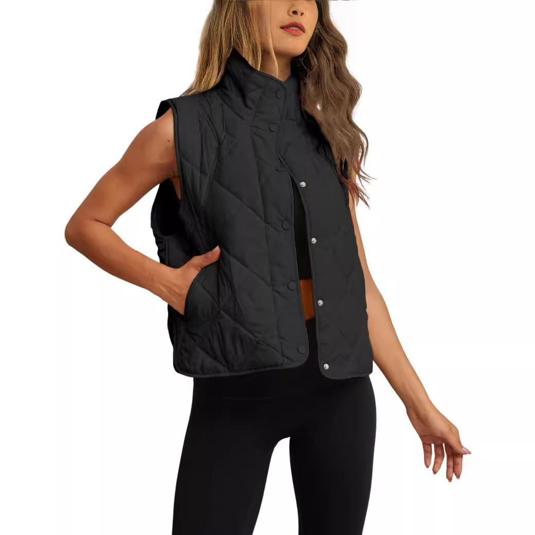 Women's Quilted Padded Vest – Lightweight Button-Up Stand Collar Gilet with Pockets