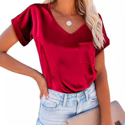 WXTX1k01100Women’s Summer Satin V-Neck Pocket T-Shirt with Rolled-Up Short Sleeves, Loose-Fitting Casual Top