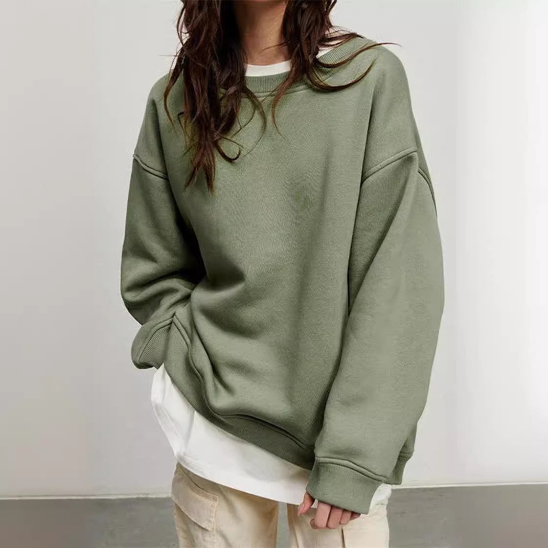 Autumn & Winter New Solid Color Round Neck Loose Pullover Sweatshirt – Long Sleeve Fleece Top for Women