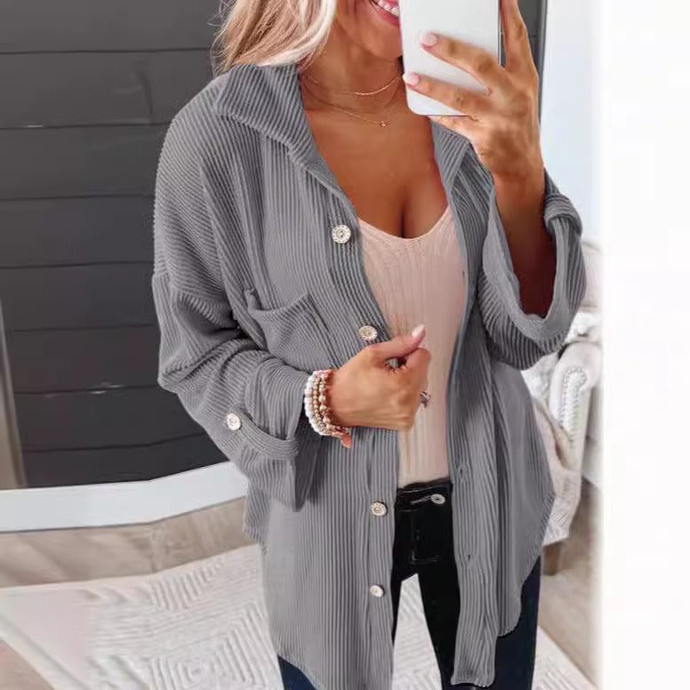 Women's Waffle Shirt - Solid Color Long Sleeve Button-Down Collar Jacket