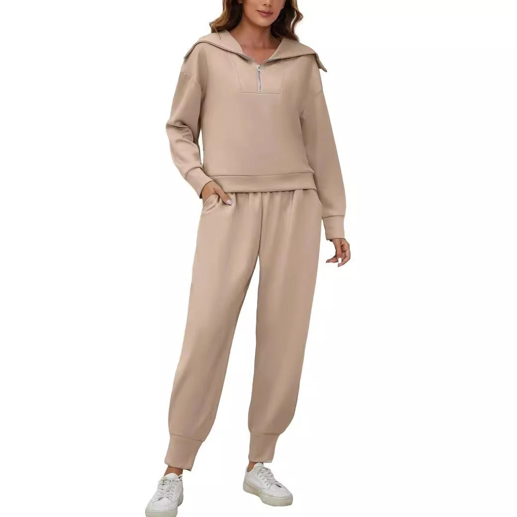 Half-Zip Long Sleeve Collared Sports Top and High-Waisted Athletic Pants Two-Piece Set