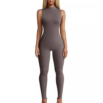 Women's Slim Fit Ribbed Sleeveless High-Neck Yoga Jumpsuit