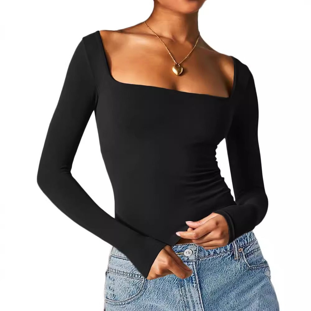 Women's Long-Sleeve Solid Color Slim Fit Square Neck T-Shirt Top