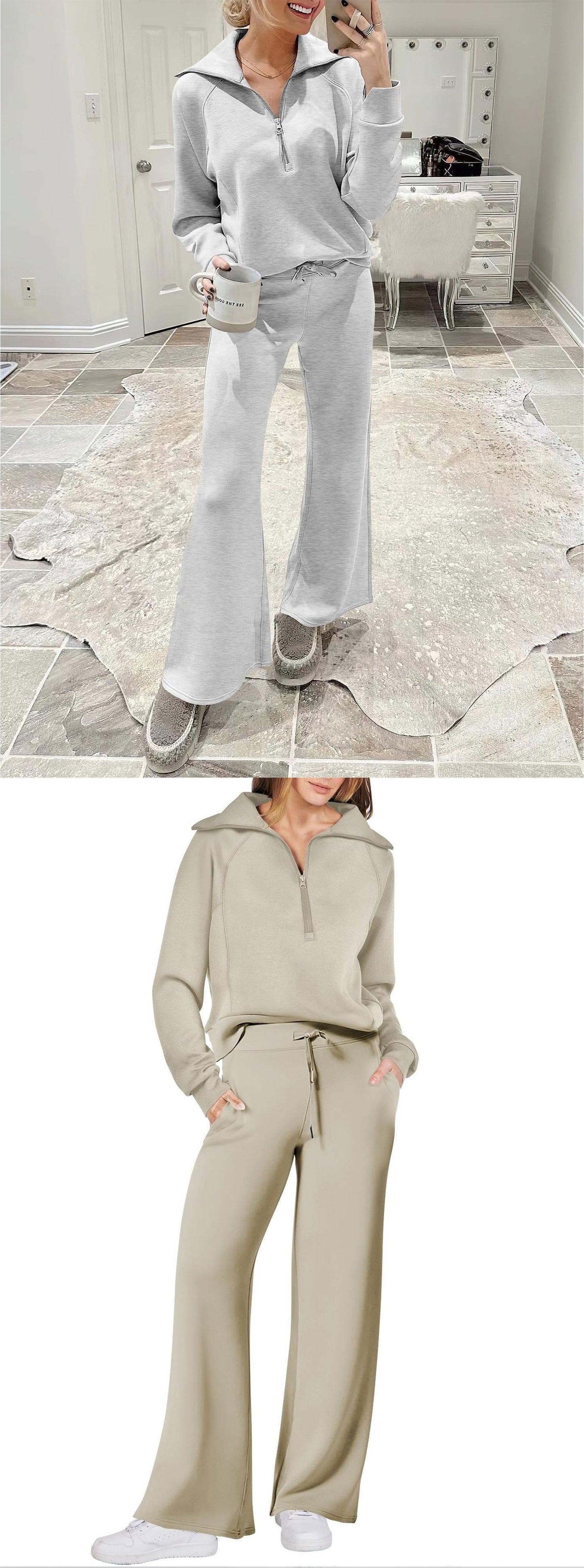 Autumn/Winter Casual Sports Set – Zip-Up Long Sleeve Sweatshirt and Wide-Leg Pants Two-Piece