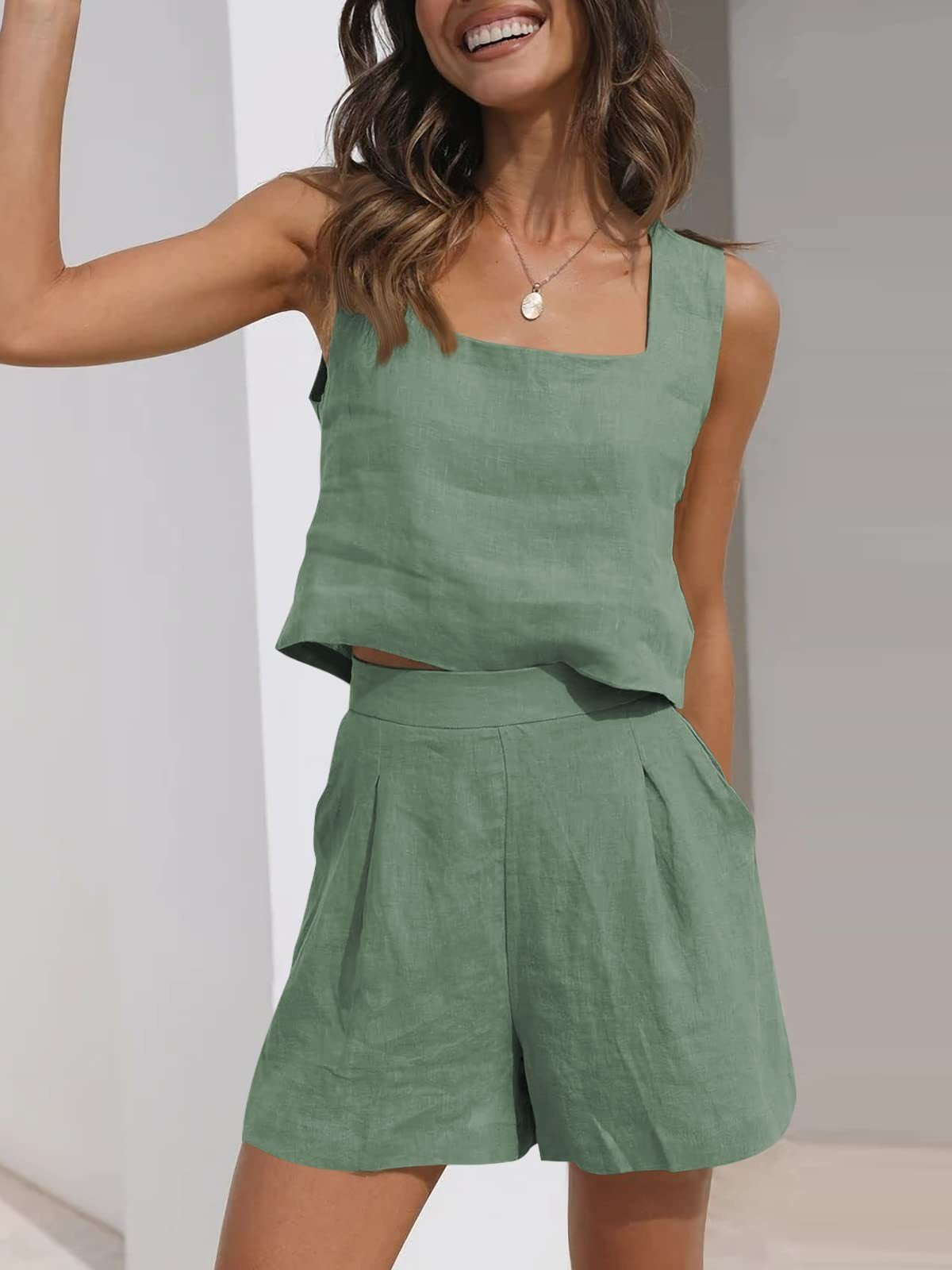 Women’s 2-Piece Casual Set – Linen Shorts and Sleeveless Tank Top