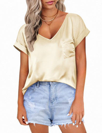 WXTX1k01100Women’s Summer Satin V-Neck Pocket T-Shirt with Rolled-Up Short Sleeves, Loose-Fitting Casual Top