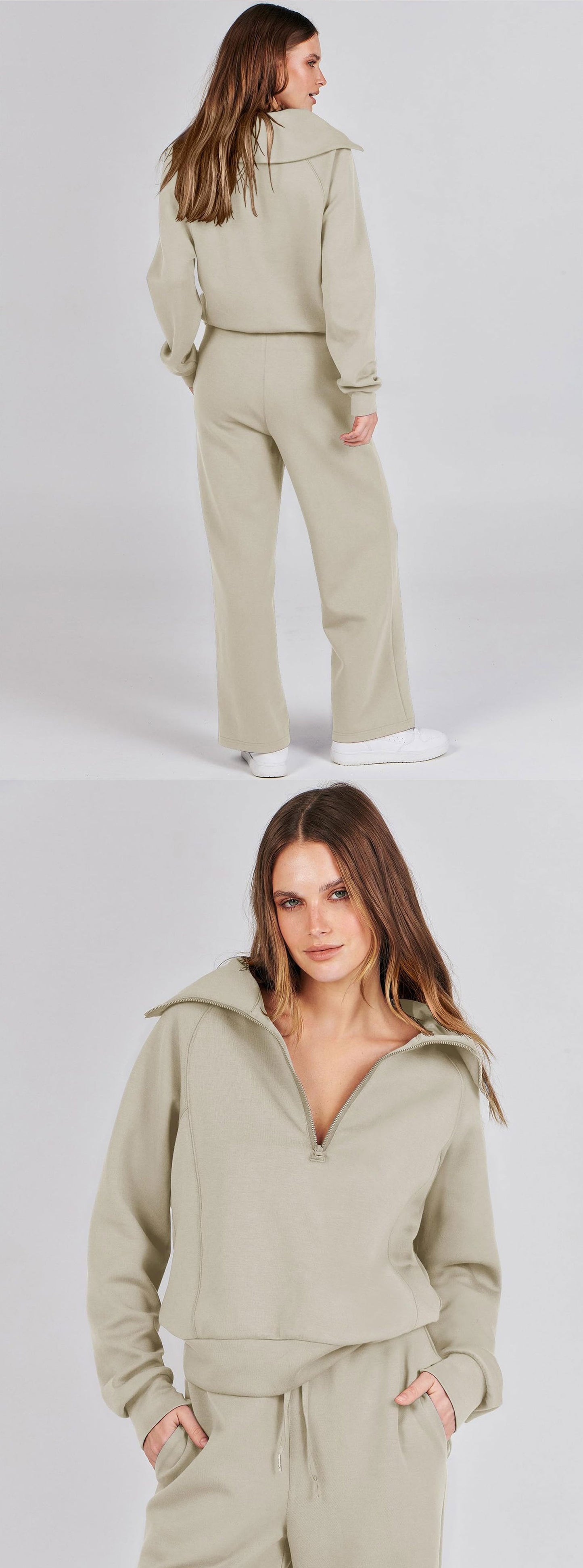 Autumn/Winter Casual Sports Set – Zip-Up Long Sleeve Sweatshirt and Wide-Leg Pants Two-Piece