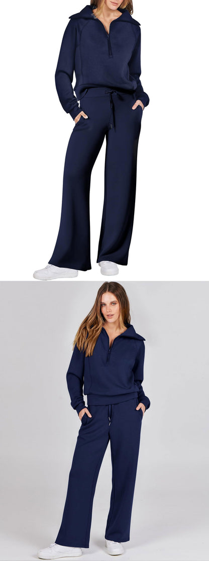 Autumn/Winter Casual Sports Set – Zip-Up Long Sleeve Sweatshirt and Wide-Leg Pants Two-Piece