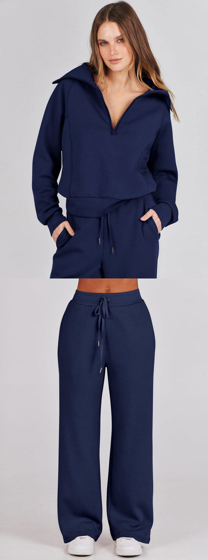 Autumn/Winter Casual Sports Set – Zip-Up Long Sleeve Sweatshirt and Wide-Leg Pants Two-Piece