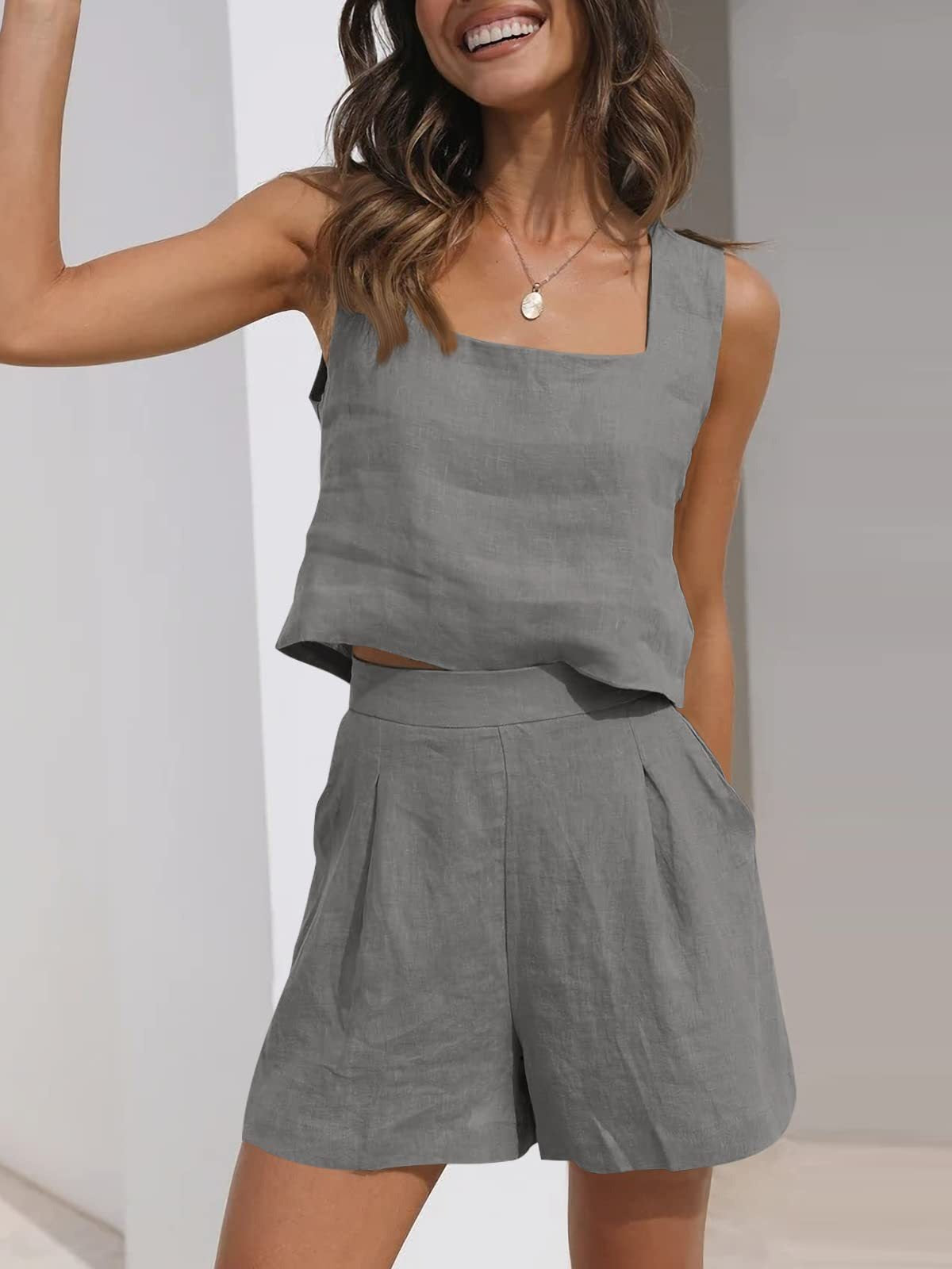 Women’s 2-Piece Casual Set – Linen Shorts and Sleeveless Tank Top