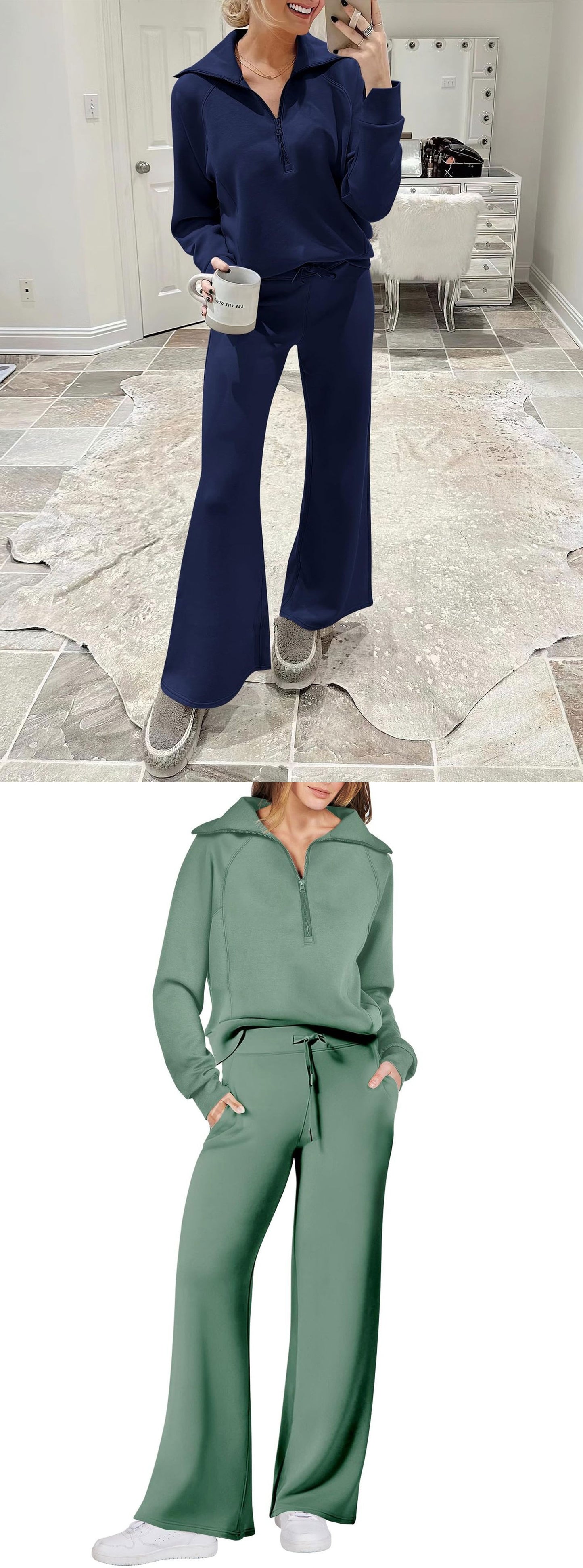 Autumn/Winter Casual Sports Set – Zip-Up Long Sleeve Sweatshirt and Wide-Leg Pants Two-Piece