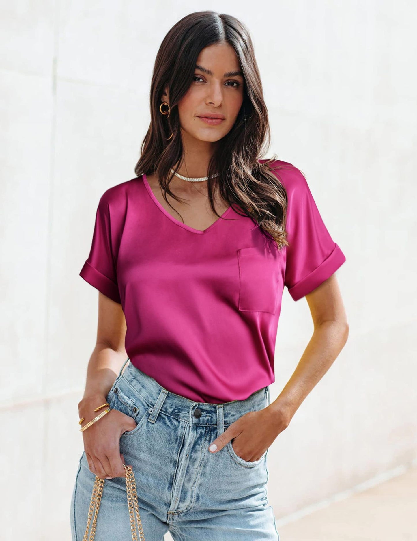 WXTX1k01100Women’s Summer Satin V-Neck Pocket T-Shirt with Rolled-Up Short Sleeves, Loose-Fitting Casual Top