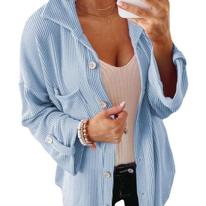 Women's Waffle Shirt - Solid Color Long Sleeve Button-Down Collar Jacket