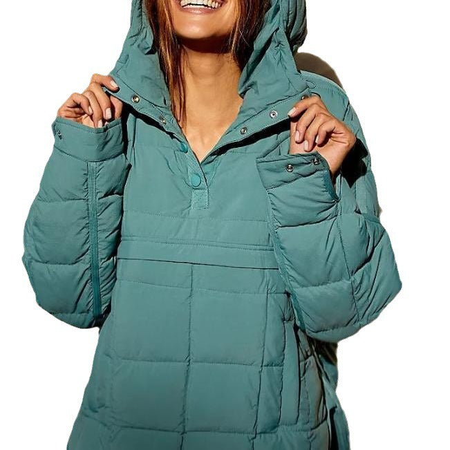 Autumn & Winter Solid Color Hooded Cotton Jacket – Foldable, Padded Pullover with Pockets for Women