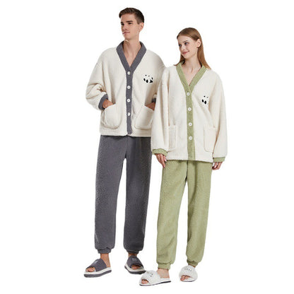 Couples' Winter Pajamas for Women – Thick Coral Fleece Loungewear with Half-Fleece Cartoon Panda Design, Couples Pajama Set