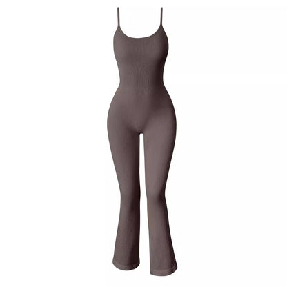 Women's Ribbed Yoga Jumpsuit – Adjustable Spaghetti Strap Top with Flared Pants