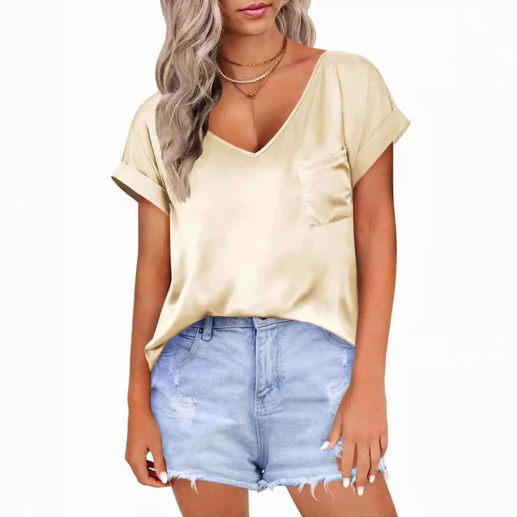 WXTX1k01100Women’s Summer Satin V-Neck Pocket T-Shirt with Rolled-Up Short Sleeves, Loose-Fitting Casual Top