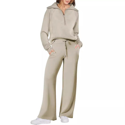 Autumn/Winter Casual Sports Set – Zip-Up Long Sleeve Sweatshirt and Wide-Leg Pants Two-Piece