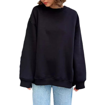 Autumn & Winter New Solid Color Round Neck Loose Pullover Sweatshirt – Long Sleeve Fleece Top for Women