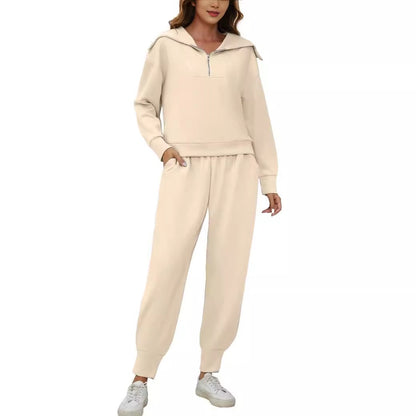 Half-Zip Long Sleeve Collared Sports Top and High-Waisted Athletic Pants Two-Piece Set