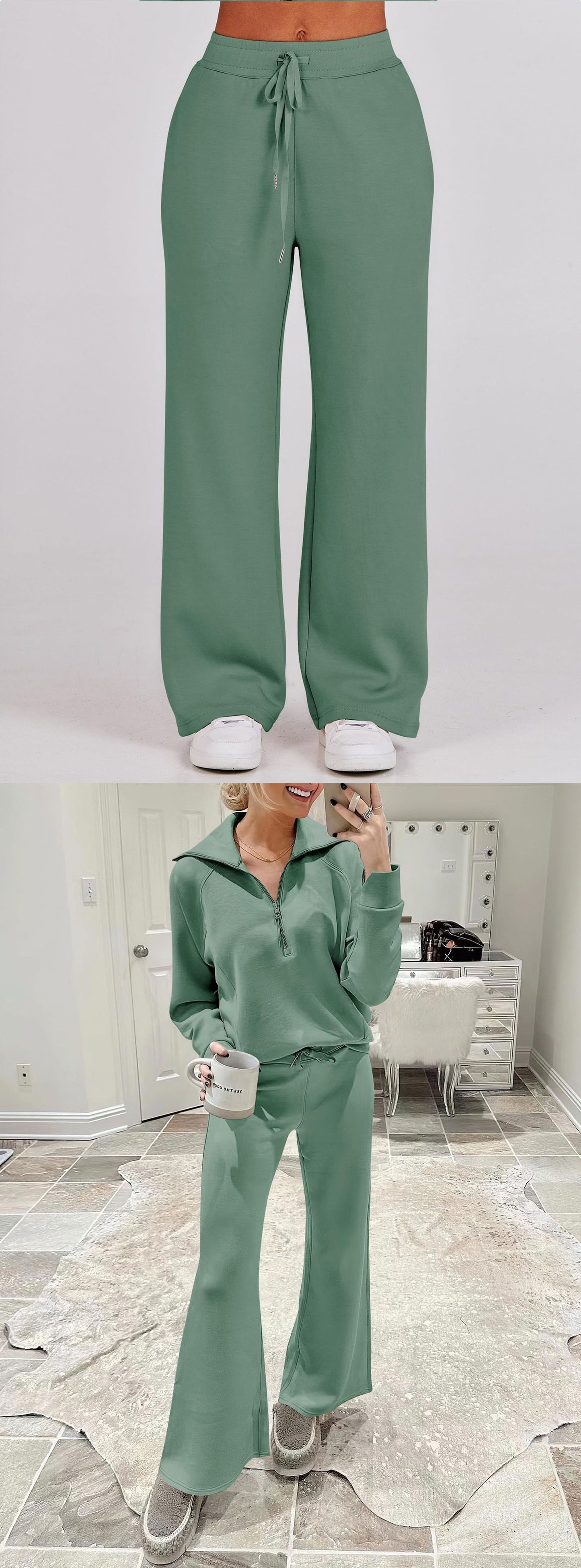 Autumn/Winter Casual Sports Set – Zip-Up Long Sleeve Sweatshirt and Wide-Leg Pants Two-Piece