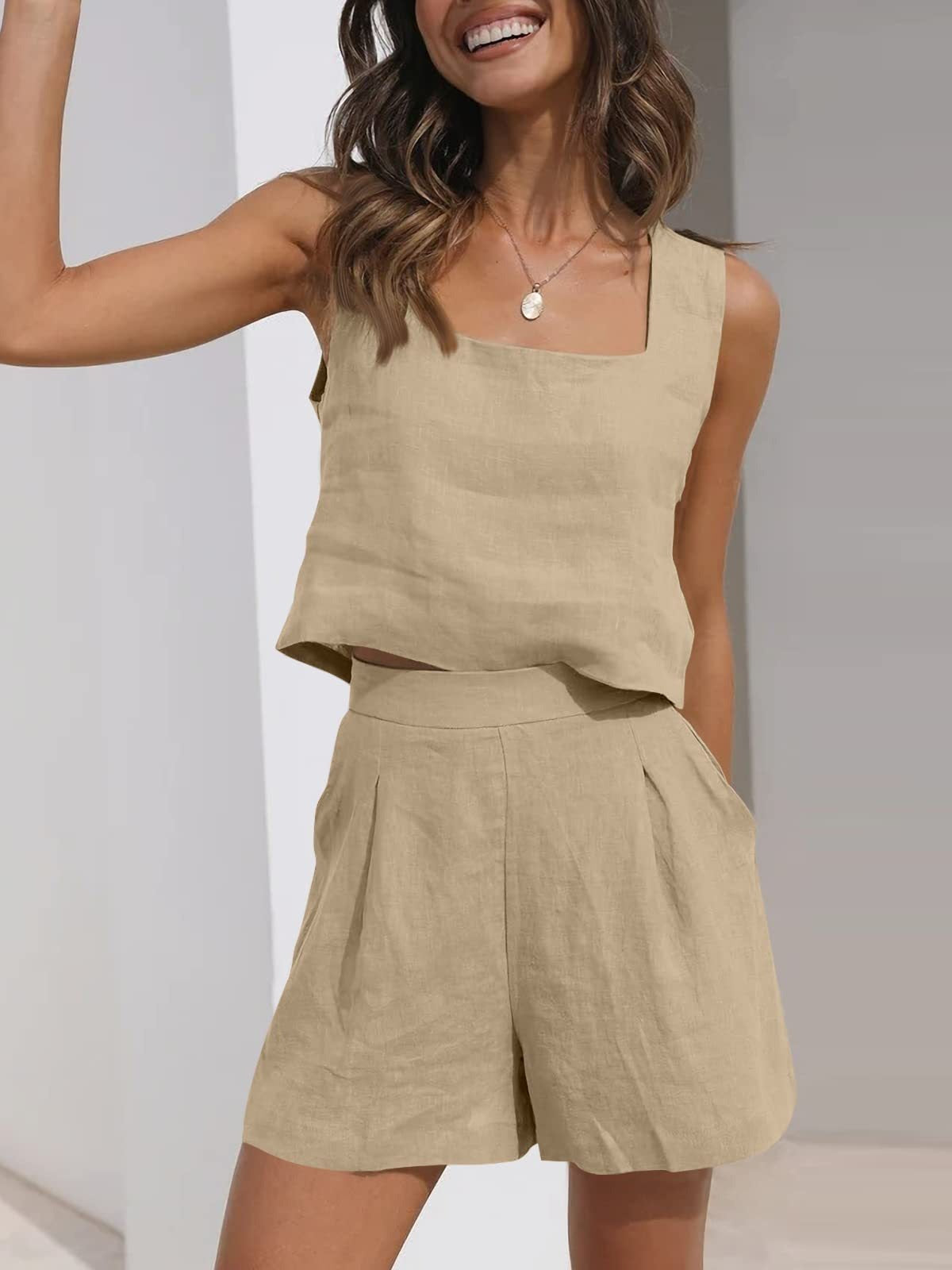 Women’s 2-Piece Casual Set – Linen Shorts and Sleeveless Tank Top