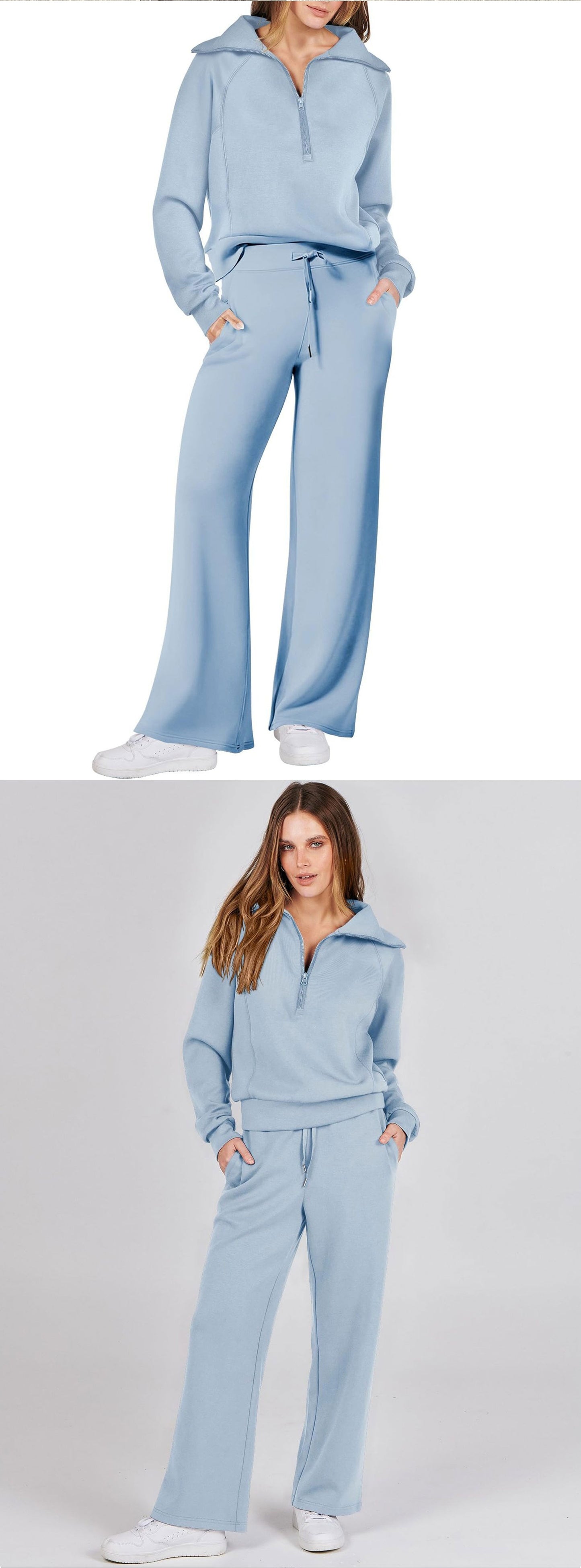 Autumn/Winter Casual Sports Set – Zip-Up Long Sleeve Sweatshirt and Wide-Leg Pants Two-Piece