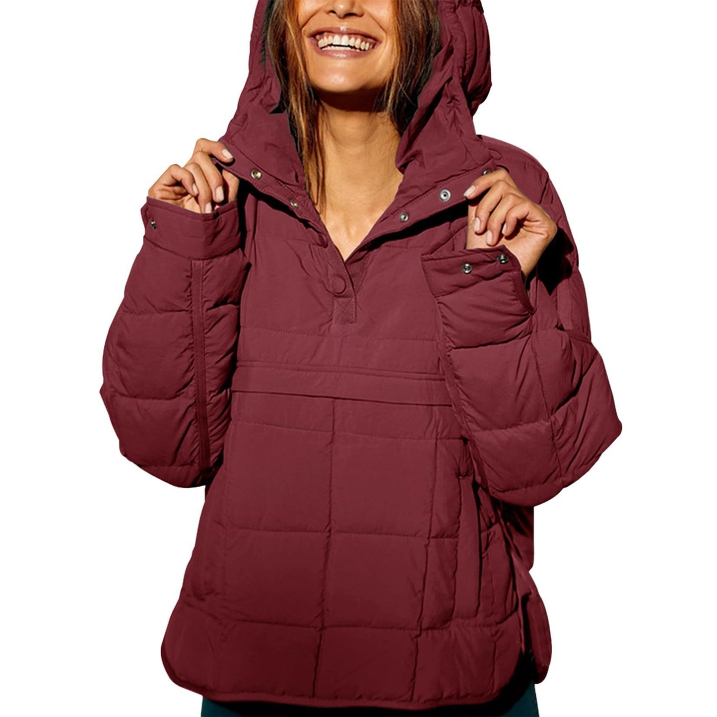 Autumn & Winter Solid Color Hooded Cotton Jacket – Foldable, Padded Pullover with Pockets for Women