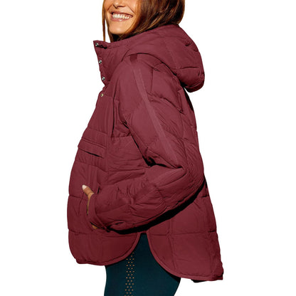 Autumn & Winter Solid Color Hooded Cotton Jacket – Foldable, Padded Pullover with Pockets for Women