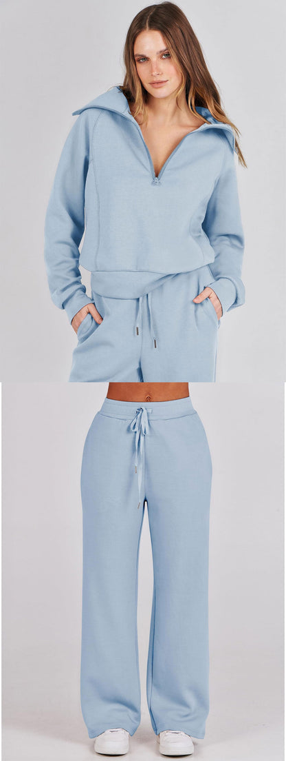 Autumn/Winter Casual Sports Set – Zip-Up Long Sleeve Sweatshirt and Wide-Leg Pants Two-Piece