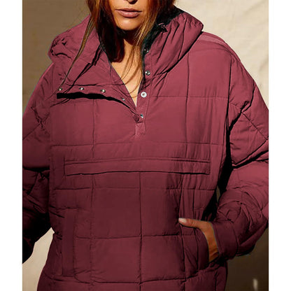 Autumn & Winter Solid Color Hooded Cotton Jacket – Foldable, Padded Pullover with Pockets for Women