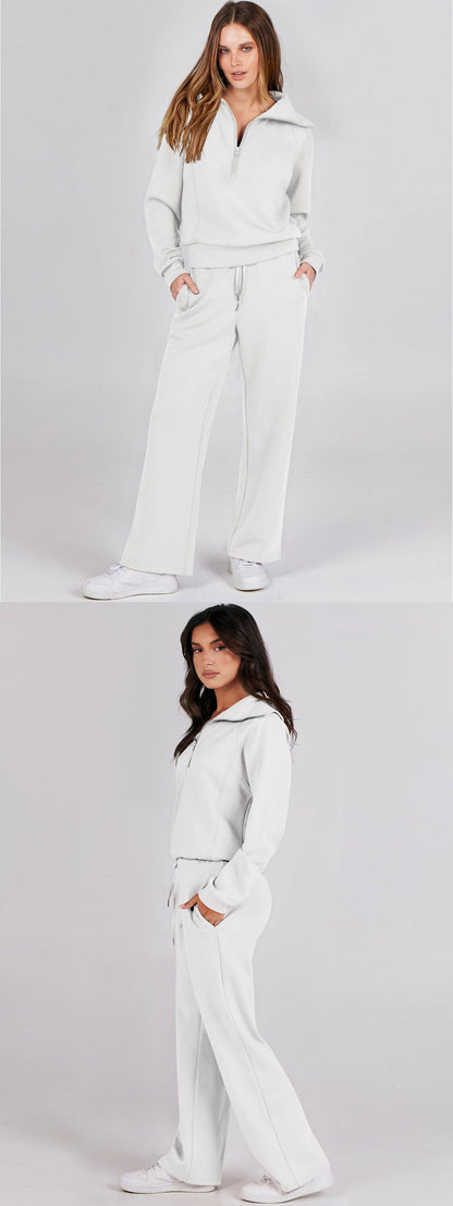 Autumn/Winter Casual Sports Set – Zip-Up Long Sleeve Sweatshirt and Wide-Leg Pants Two-Piece