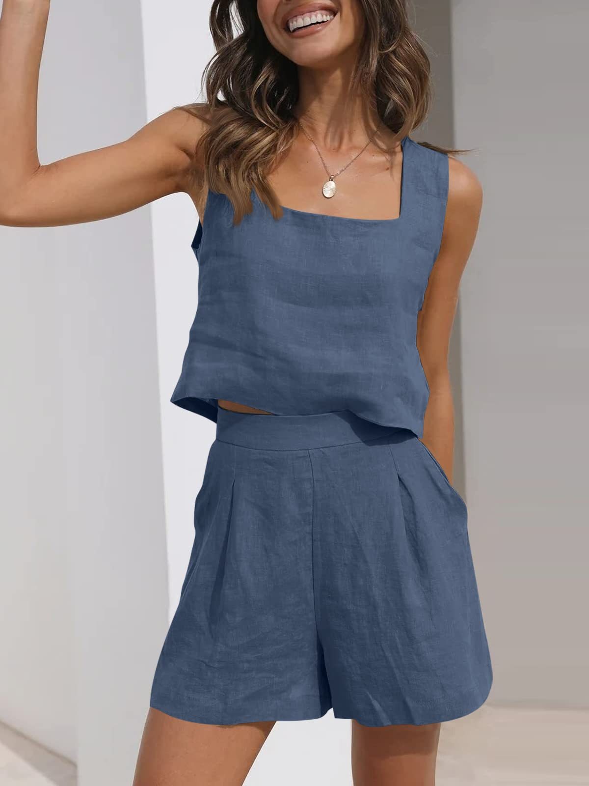 Women’s 2-Piece Casual Set – Linen Shorts and Sleeveless Tank Top