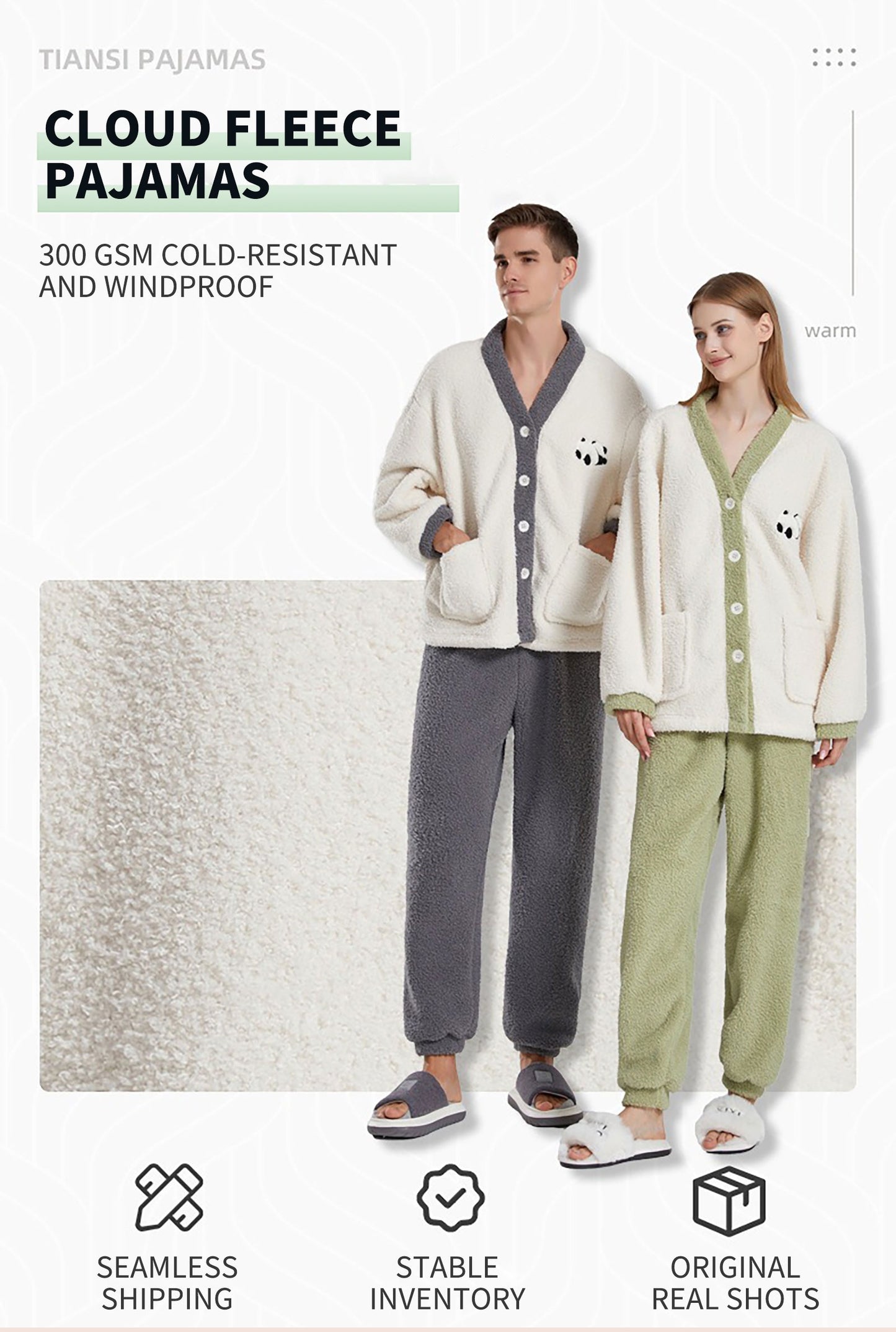 Couples' Winter Pajamas for Women – Thick Coral Fleece Loungewear with Half-Fleece Cartoon Panda Design, Couples Pajama Set