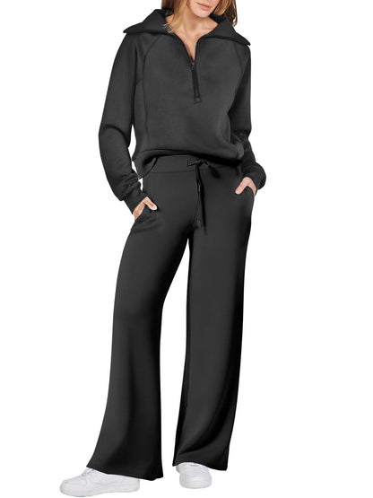 Autumn/Winter Casual Sports Set – Zip-Up Long Sleeve Sweatshirt and Wide-Leg Pants Two-Piece