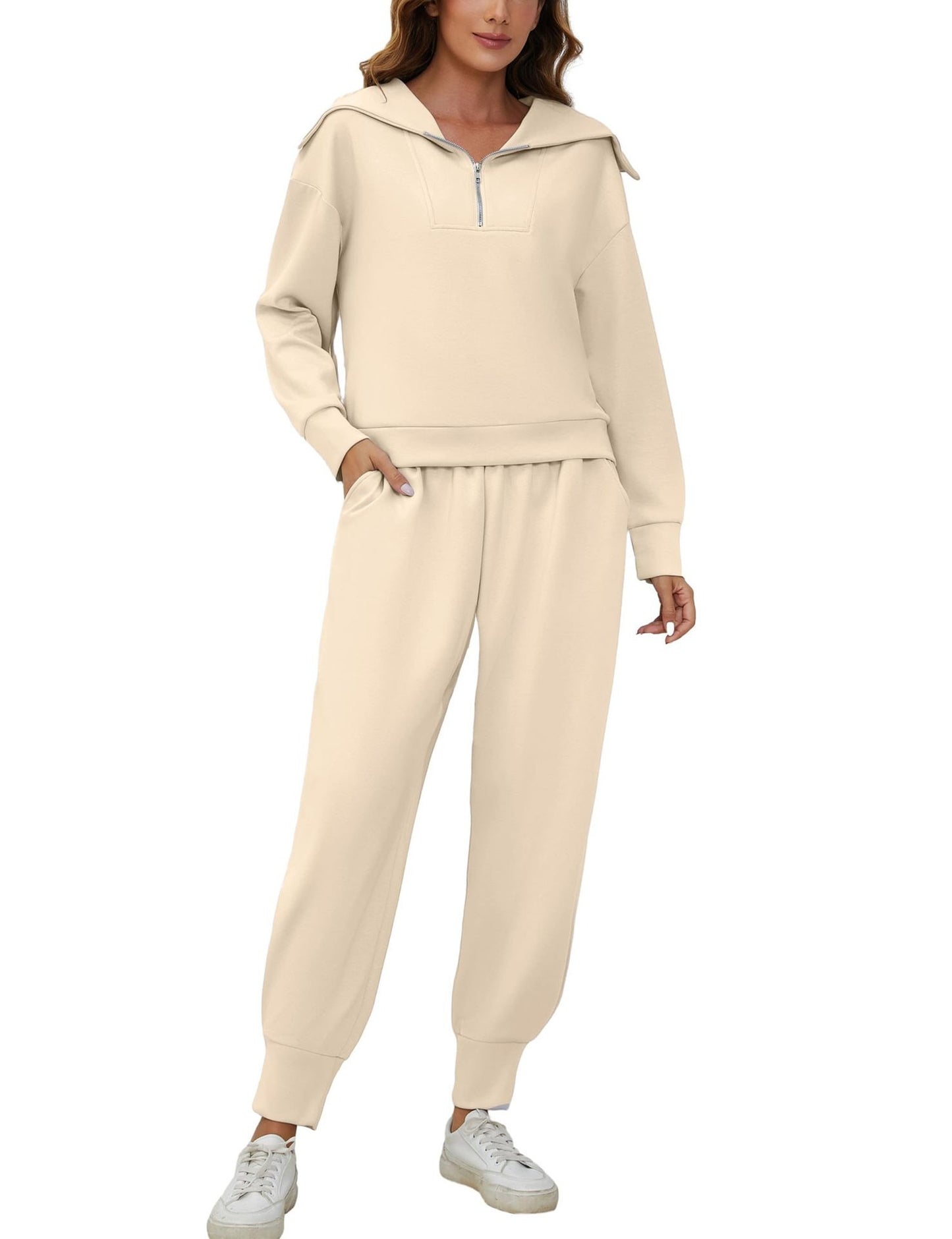 Half-Zip Long Sleeve Collared Sports Top and High-Waisted Athletic Pants Two-Piece Set