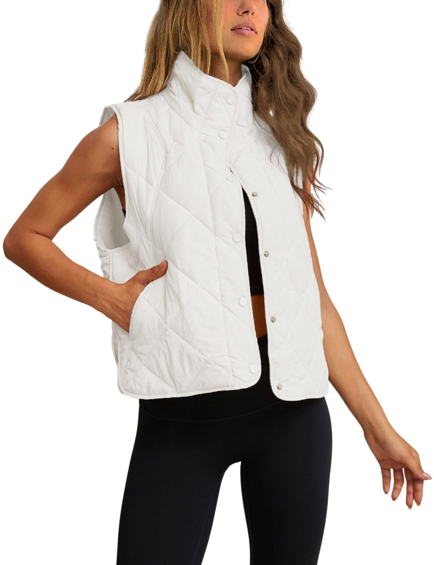 Women's Quilted Padded Vest – Lightweight Button-Up Stand Collar Gilet with Pockets