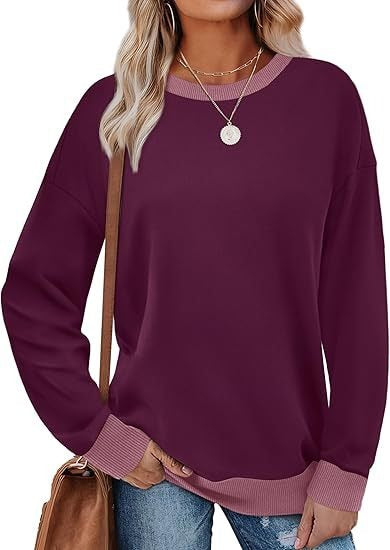 Women's Sporty Sweatshirt – Round Neck, Long Sleeve, Loose Fit, Color-Blocked with Ribbed Trim